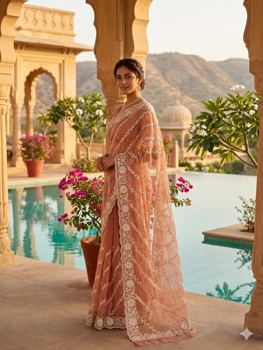 peach-colored Resham embroidery saree 