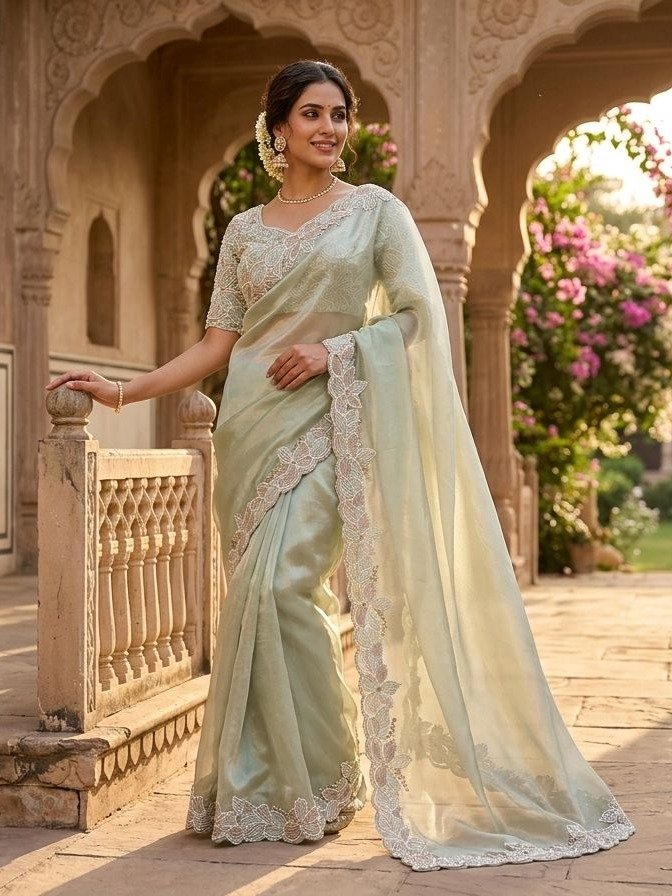 Mint Green Organza Tissue Saree