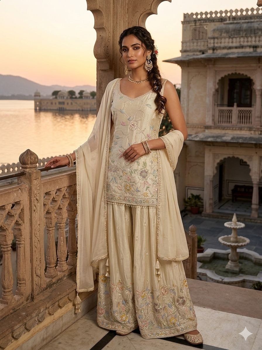  Cream Embroidered Kurta Sharara Set