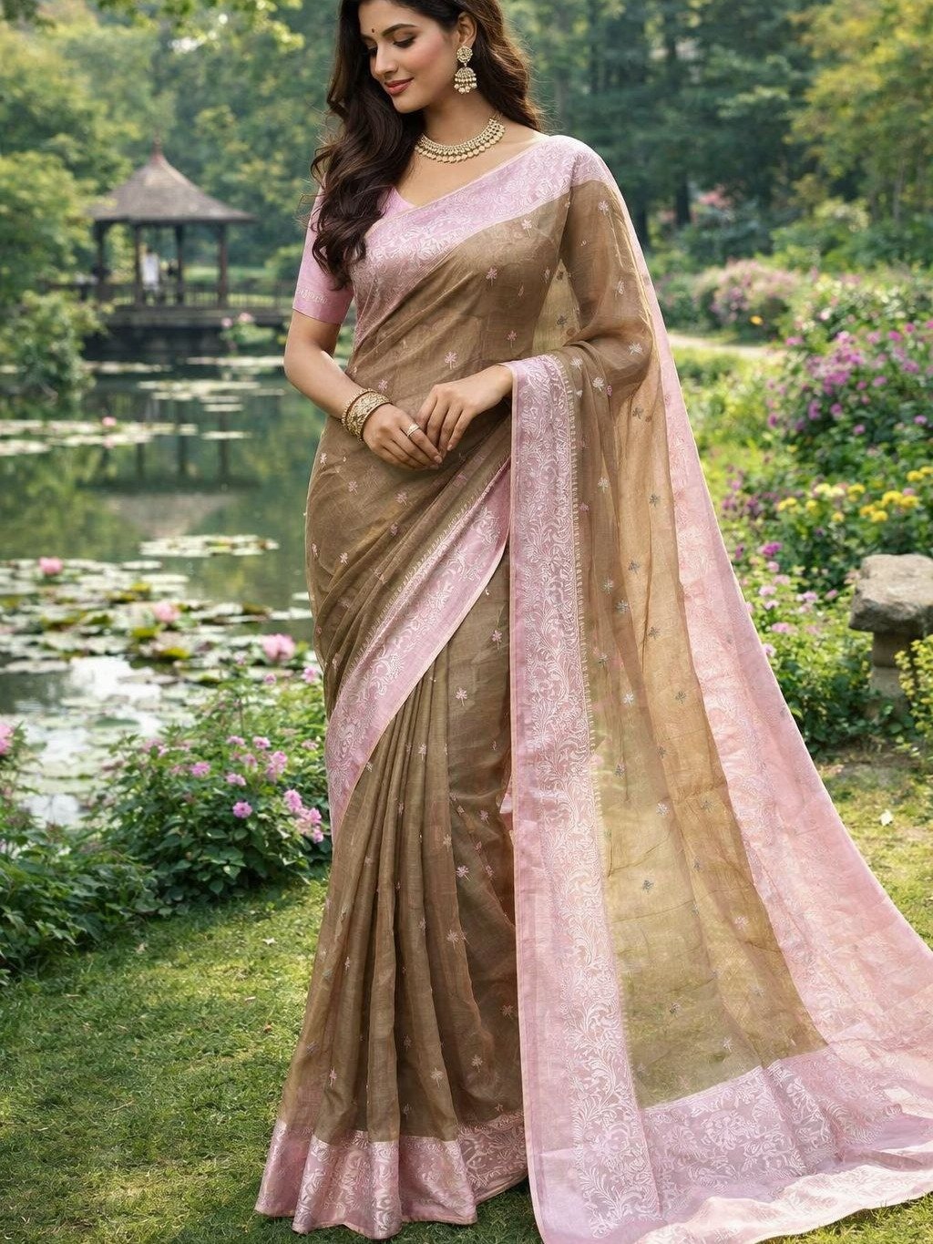 Brown Organza Saree with a Baby Pink Zari Border