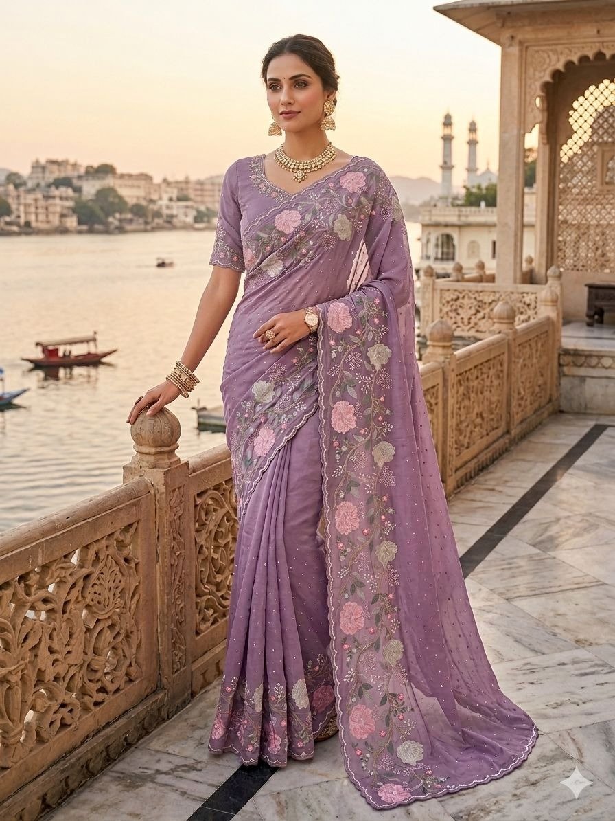 lavender emderodery border saree 