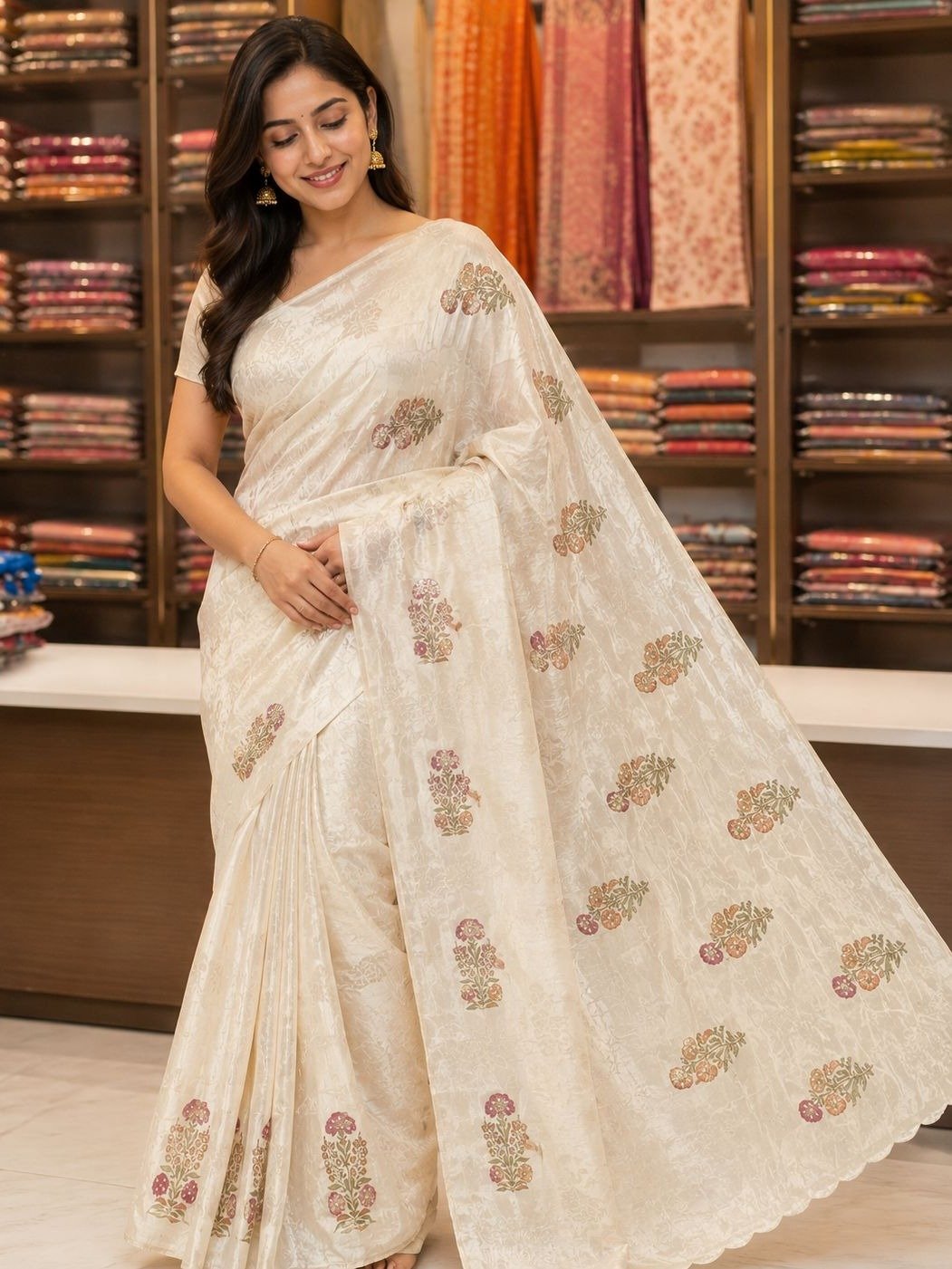  Ivory Off-White Crushed Tissue Silk Saree