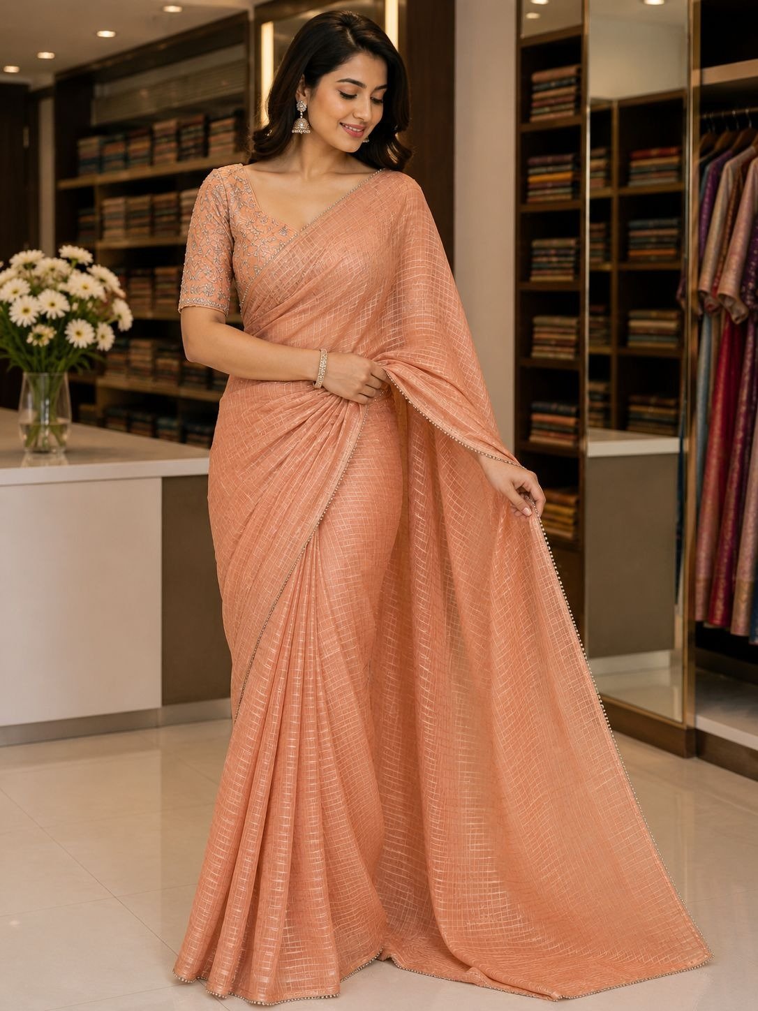 peach-nude shimmer organza saree