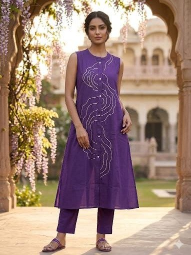 Indo Era Purple Embroidered Kurta Set