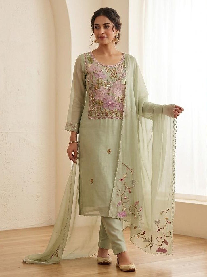 Mint Green Embroidered Silk Kurta Set