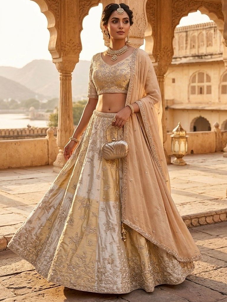 cream and gold  Embroidered Lehenga Set