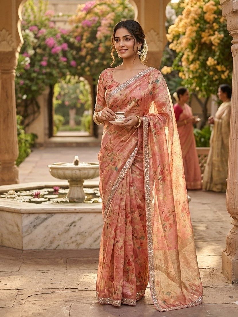 Peach Floral Printed Organza Saree