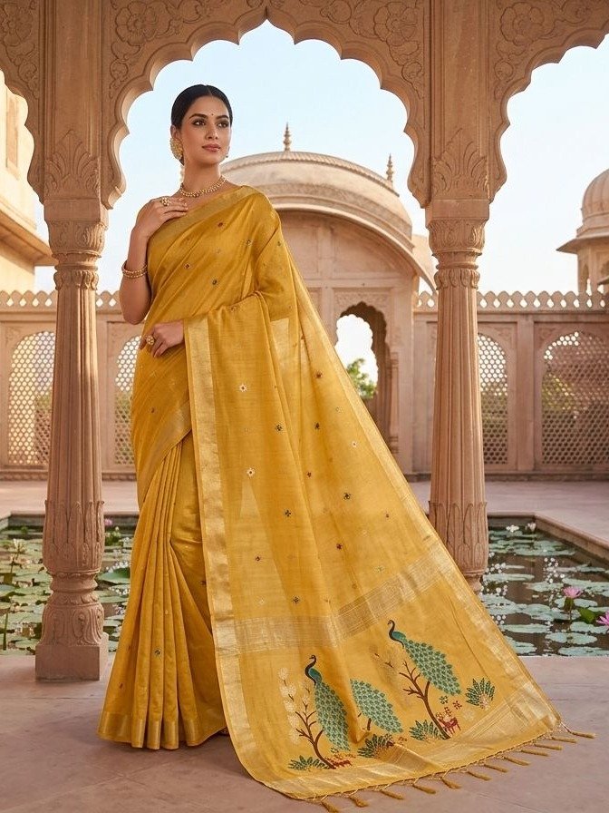 mustard or golden yellow Linen Cotton Silk blend saree