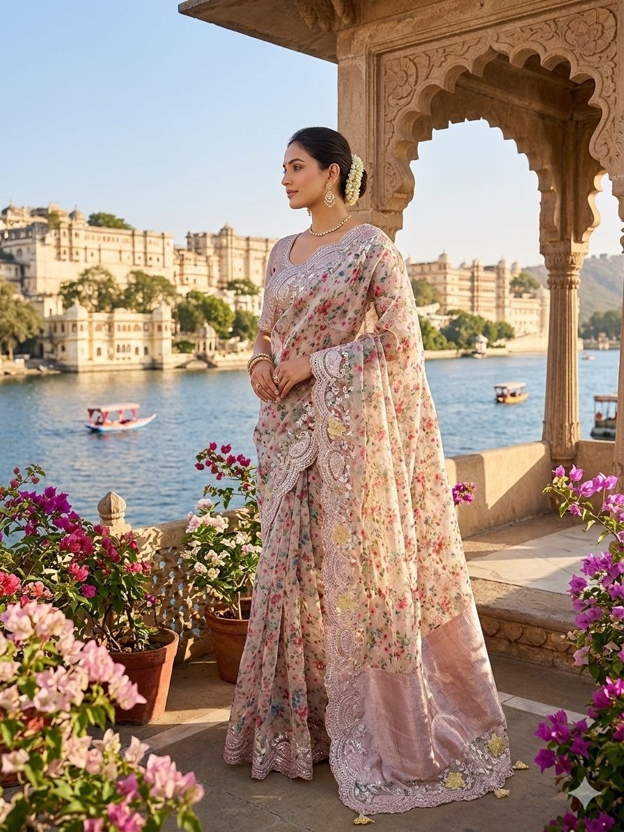 Mint Green Floral Sequins Embroidered Saree