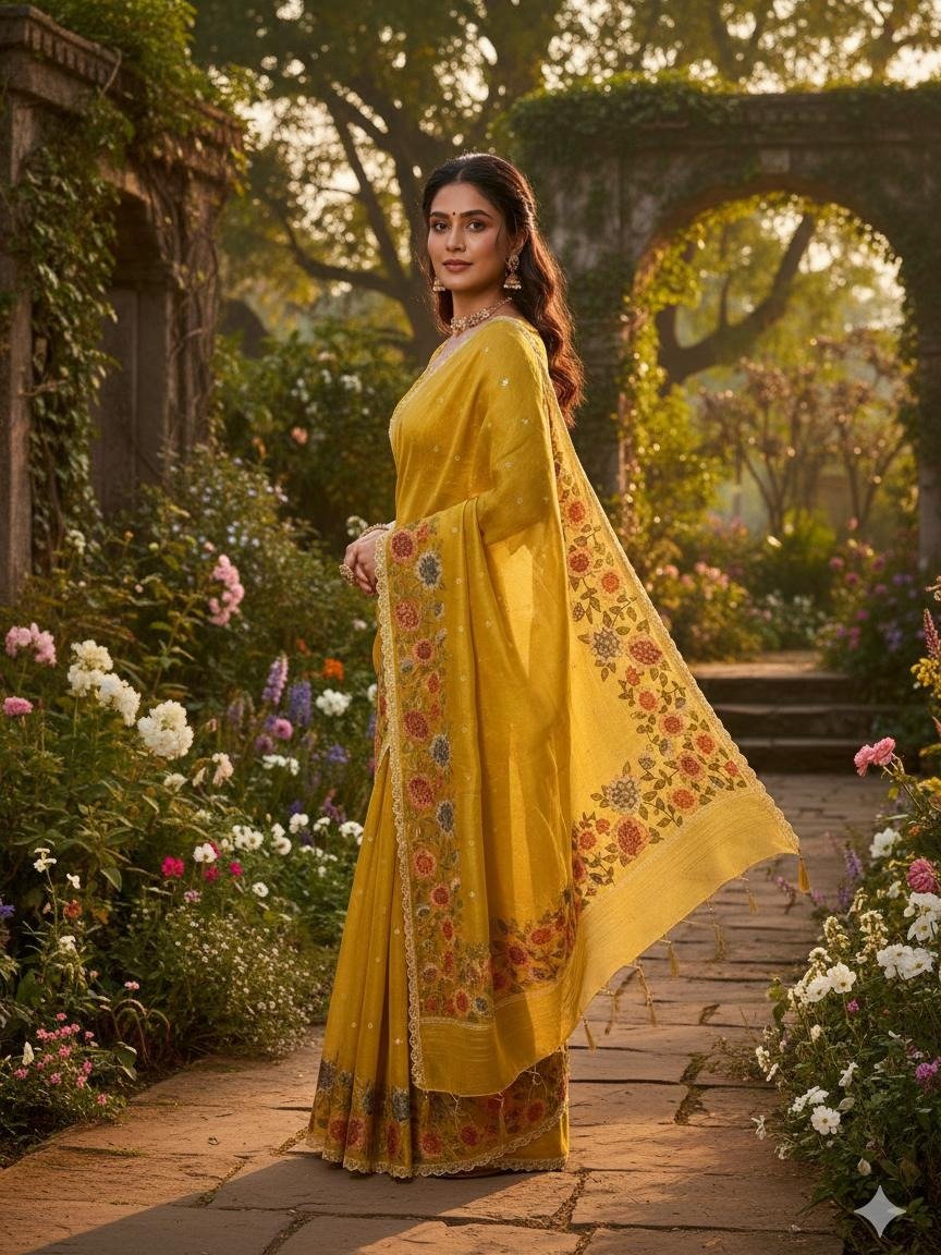 Yellow Floral Silk Saree
