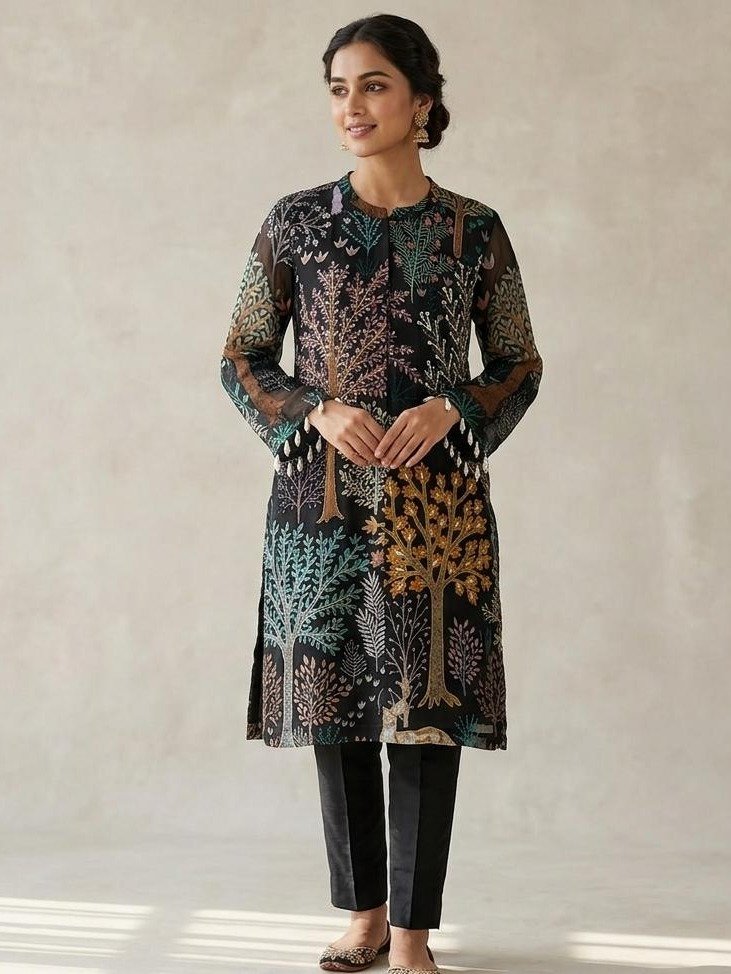 Forest Print Sheer Kurta Set