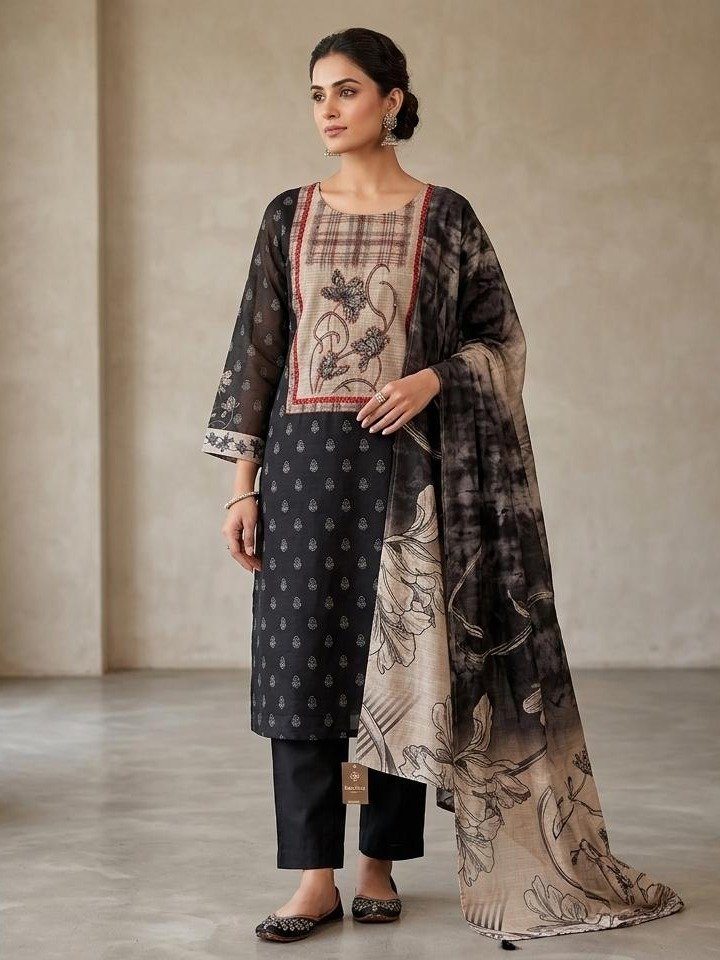  Black and Beige Floral Embroidered Kurta Set