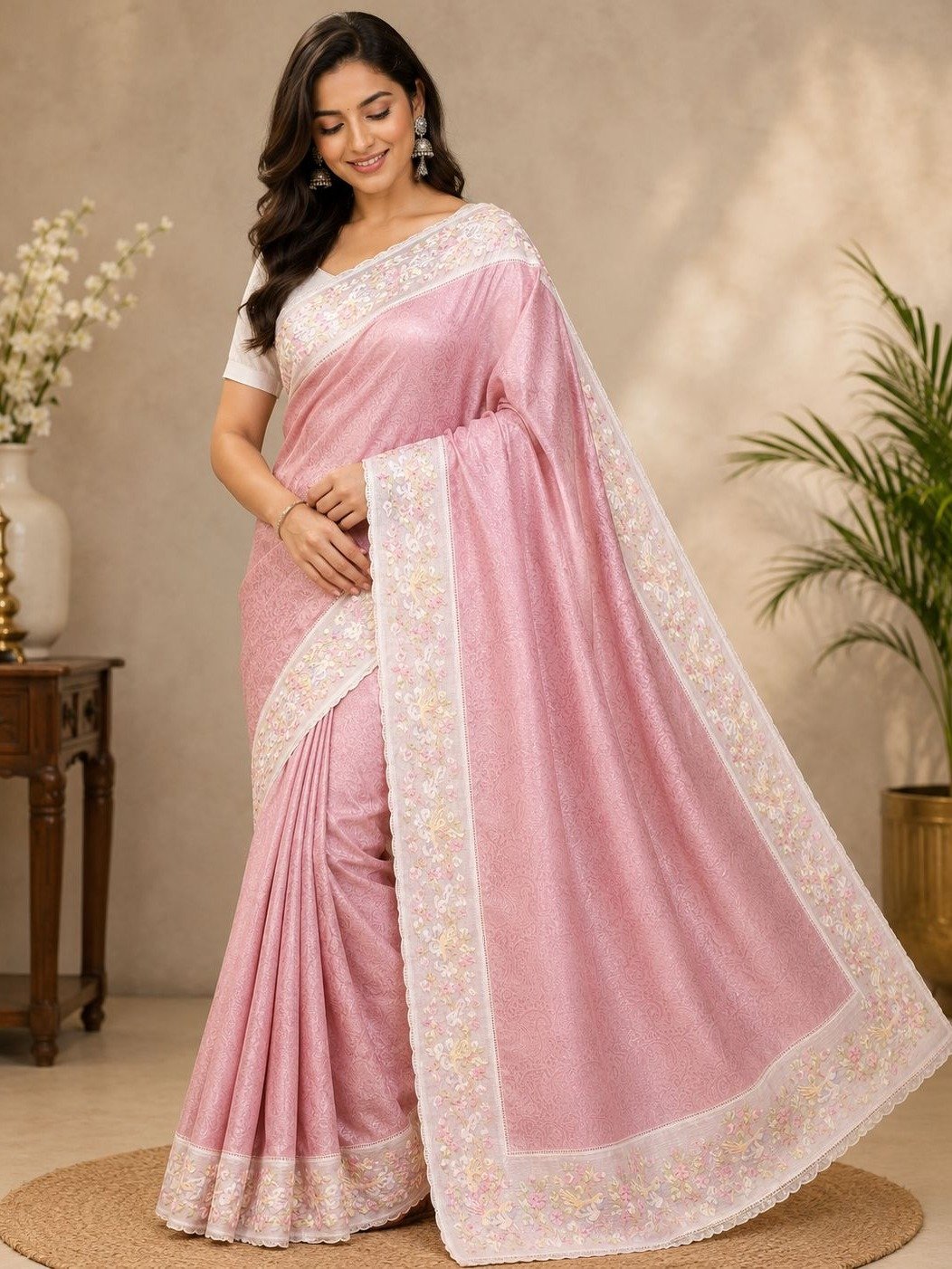 Blush Pink Soft Silk Embroidery Work Saree 