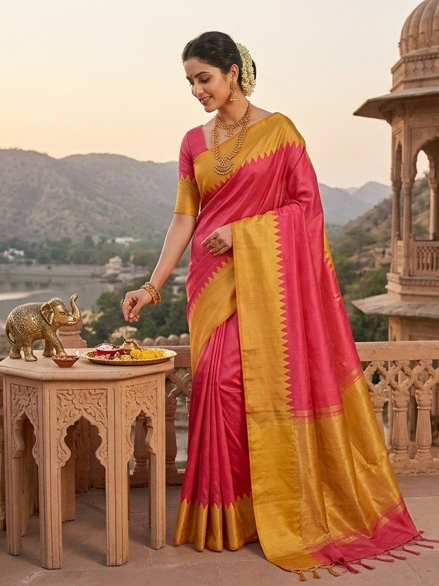 rani pink golden-yellow border and pallu SAREE 