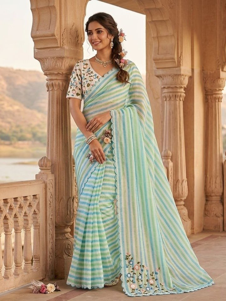 Mint and Aqua Striped Organza Saree