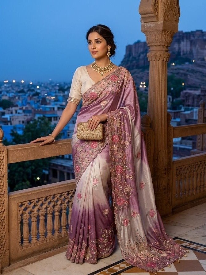 Mauve Banarasi Silk Zardosi Embroidered Saree