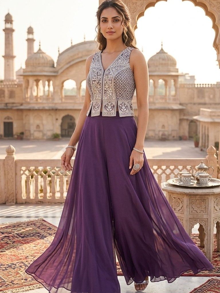 Purple Embroidered Palazzo Set