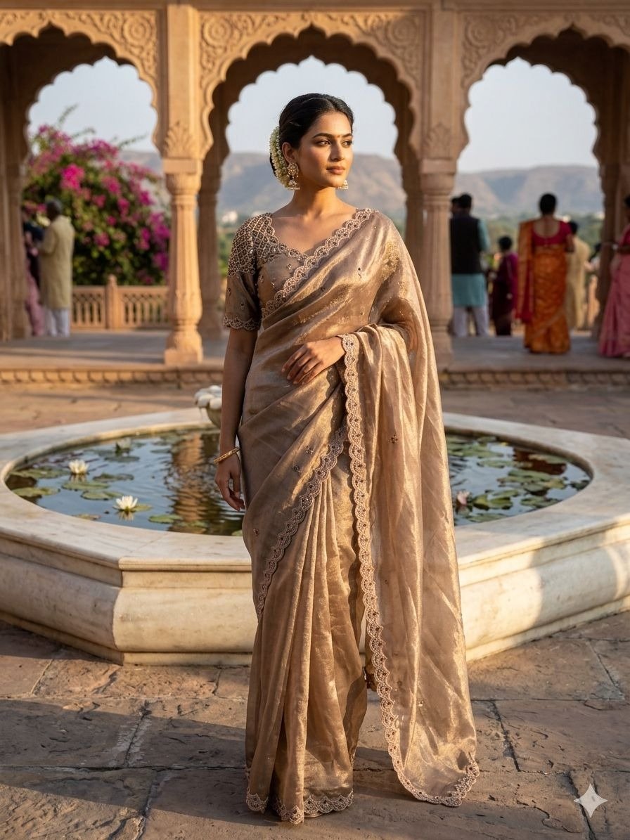 Taupe Metallic Tissue Silk Saree with an Intricate Scalloped Lace Border