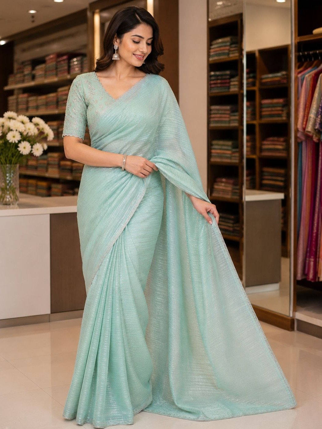mint-blue shimmer organza saree