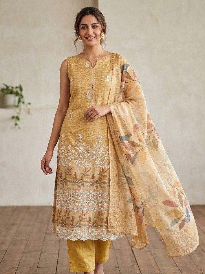 Ochre Yellow Embroidered Silk Kurta Set