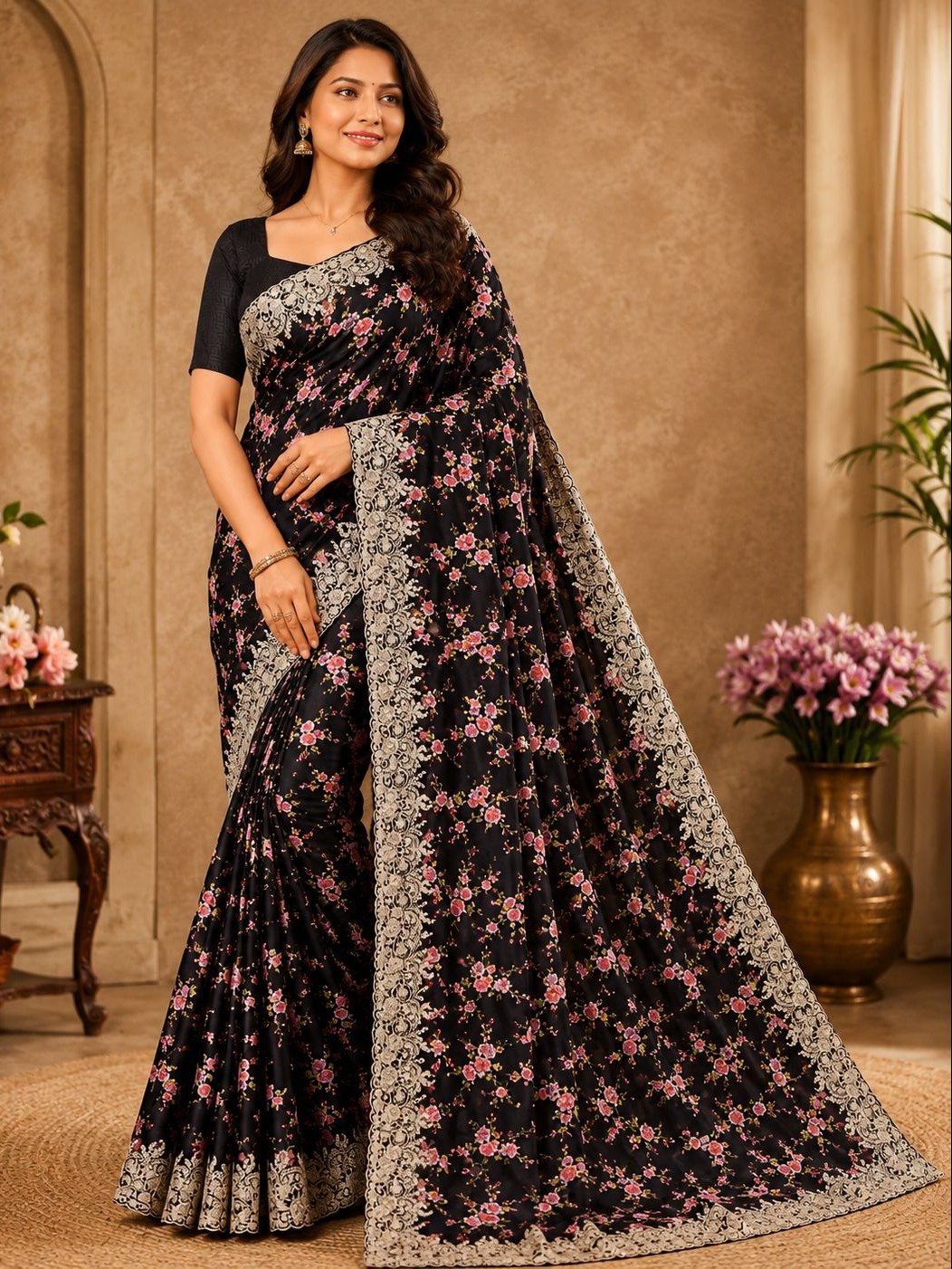  Black Floral Embroidered Party Wear Saree