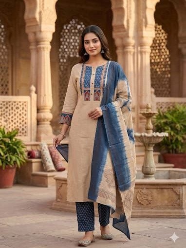  beige and blue kurta pant set