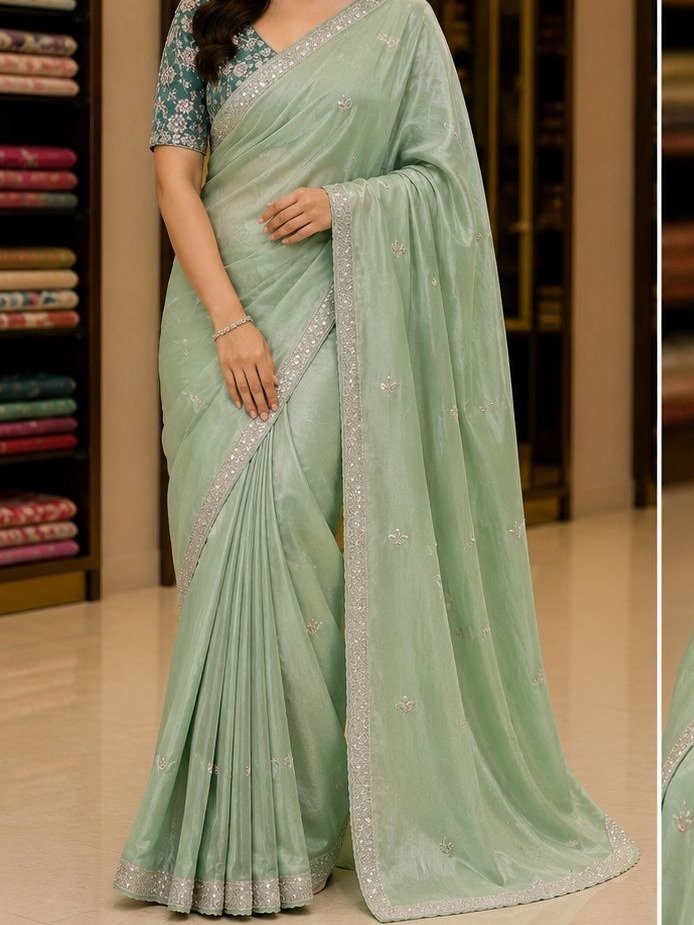 pastel mint-green tissue organza saree