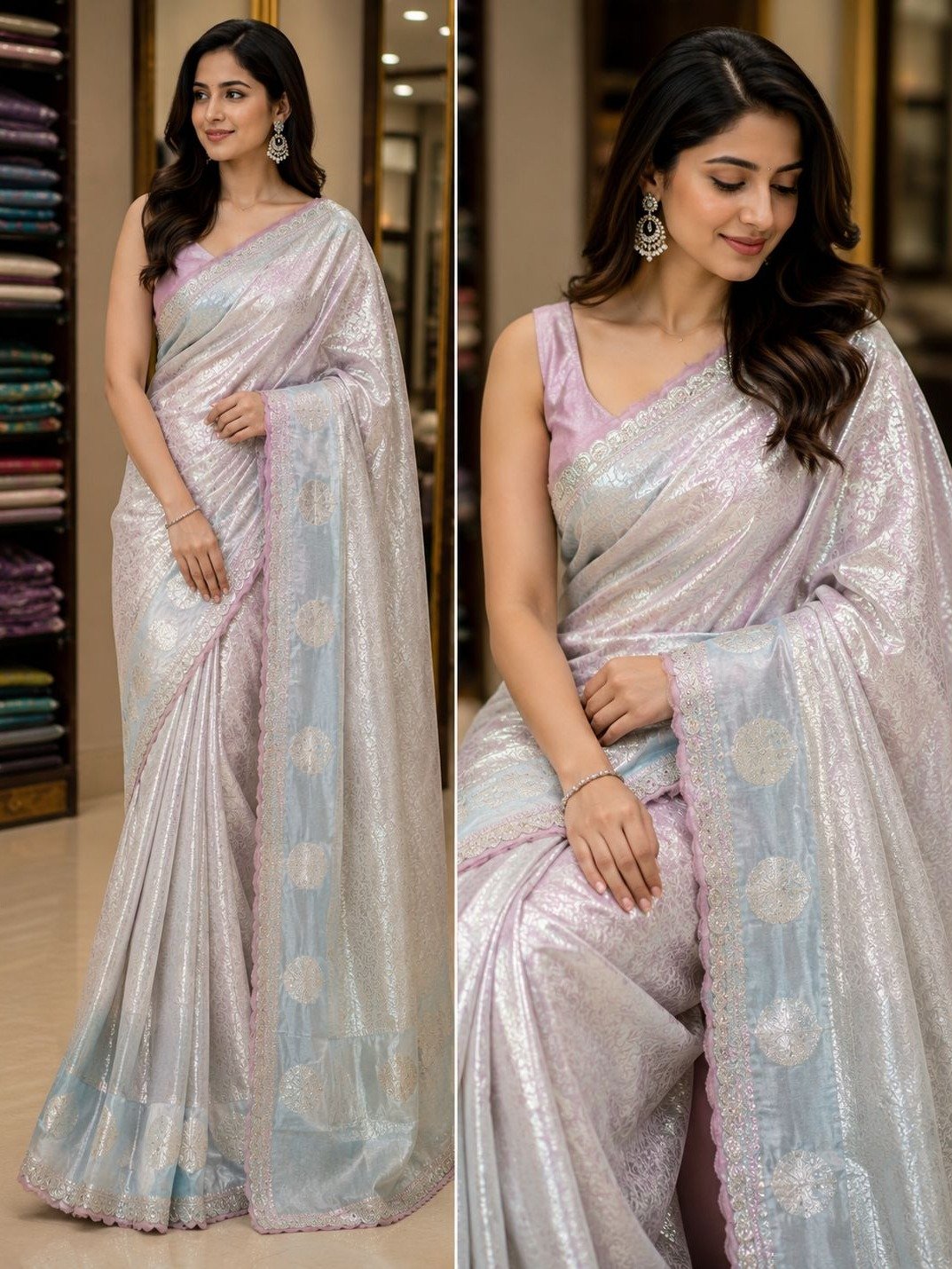 lavender-silver metallic tissue silk saree