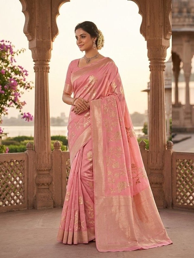 Rose Pink Silk Blend Saree,