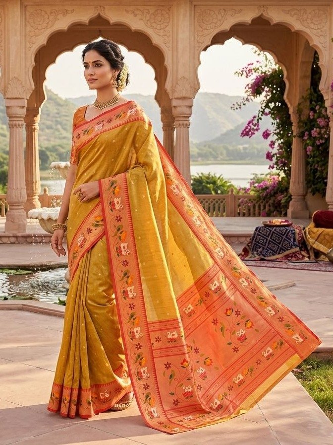 Yellow Paithani Silk saree