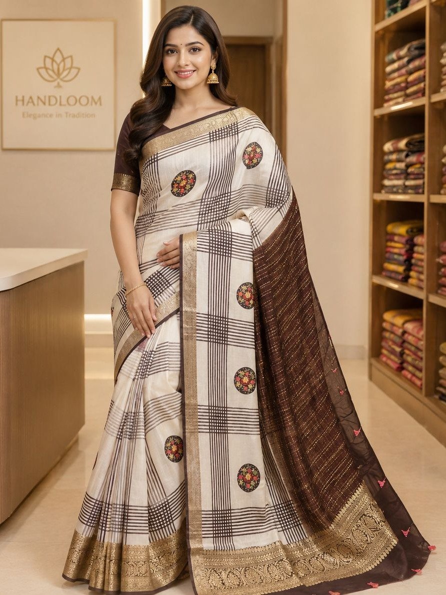 Off-White and Coffee Brown Check-Design Silk Saree