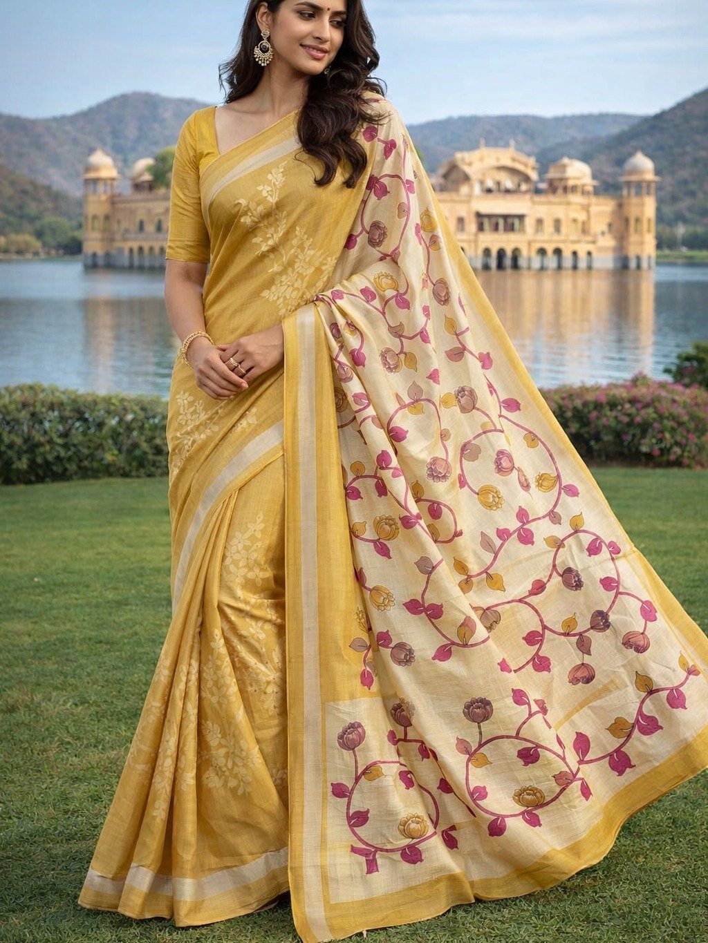  yellow and beige saree