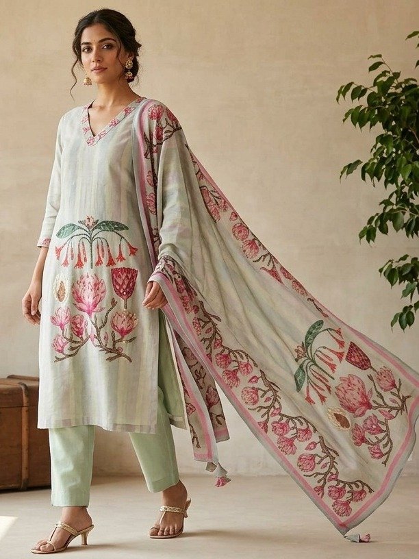  Light Green Cotton Linen Suit Set 