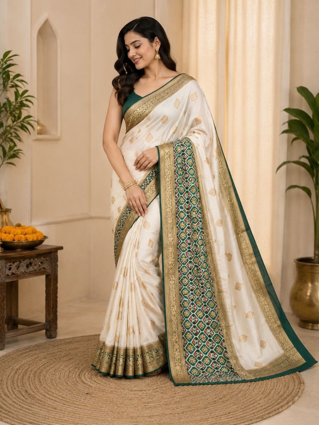 off-white Chanderi or Banarasi silk saree