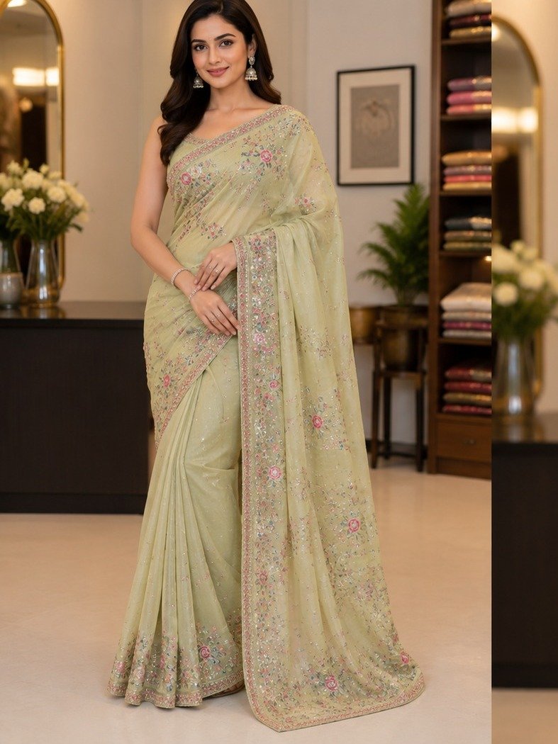  pastel sage-green organza saree