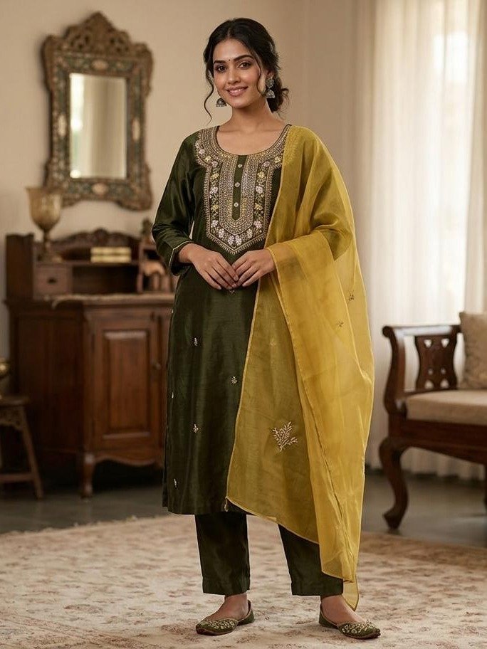 Olive Green Silk Embroidered Kurta Set