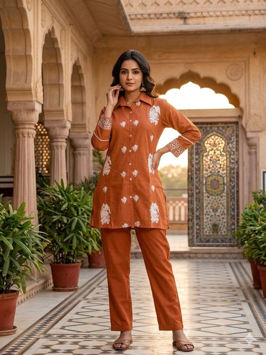  rust-colored embroidered co-ord set
