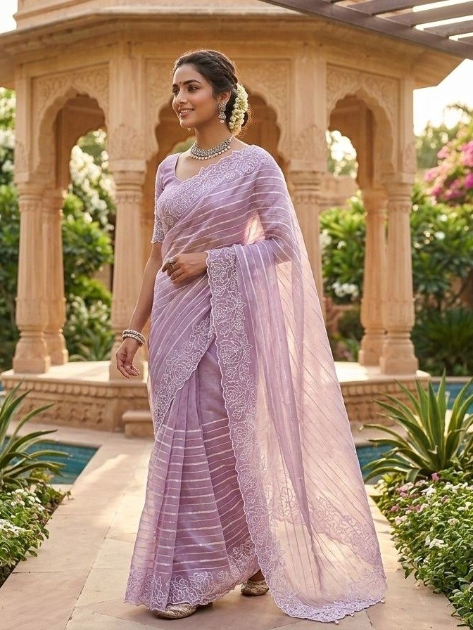 lilac PEARL WORK ORGANZA saree