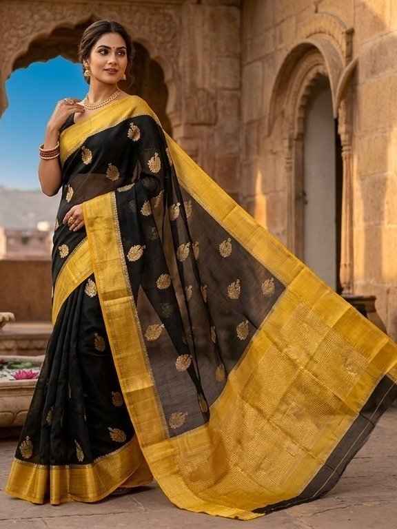  black and Mustard Yellow saree