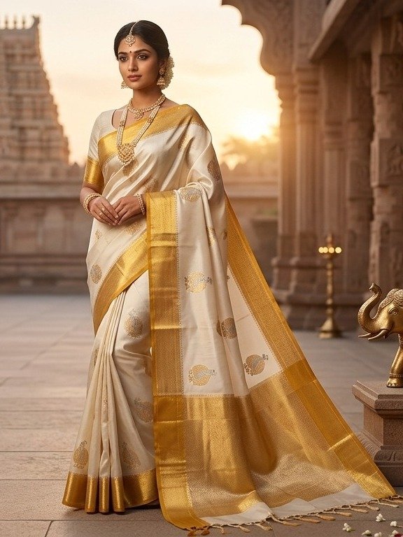 cream and gold saree
