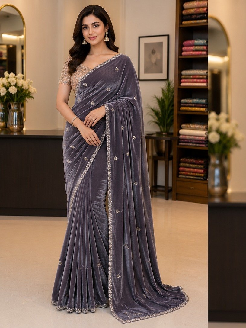 mauve-grey tissue saree