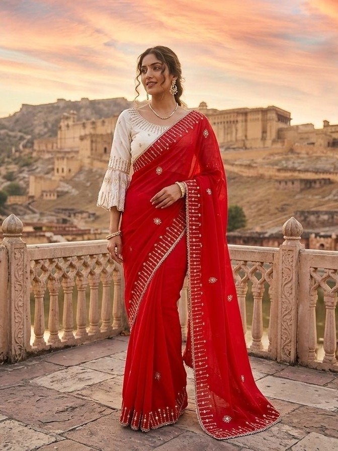 red embellished designer saree