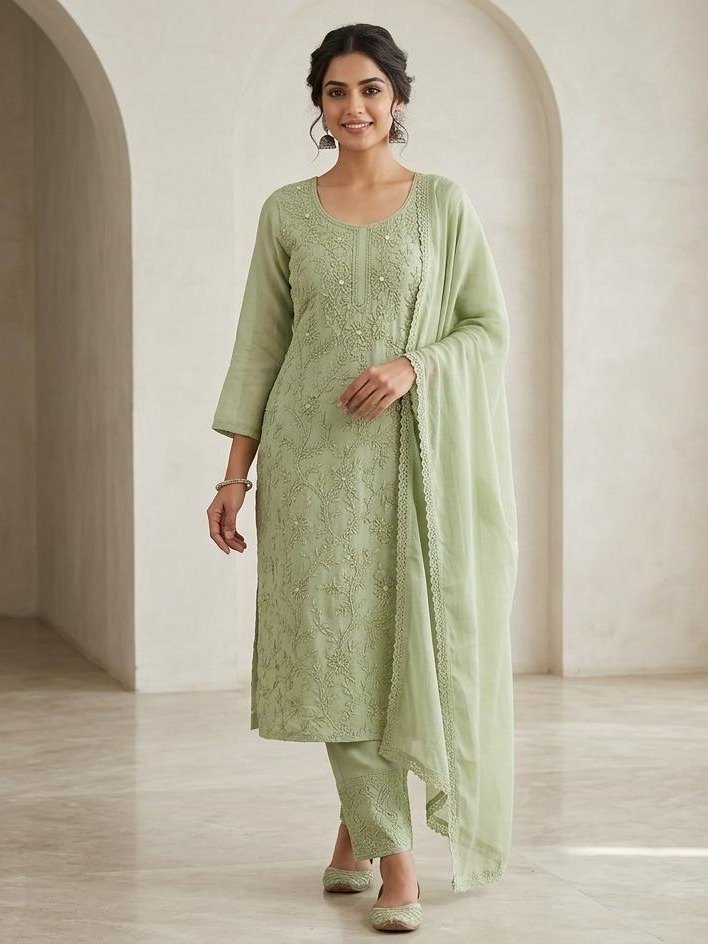 Sage Green Embroidered Silk Straight Suit Set