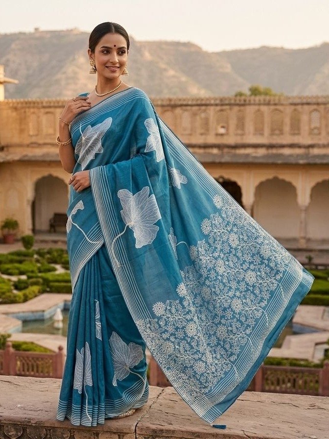 teal blue muslin silk saree 