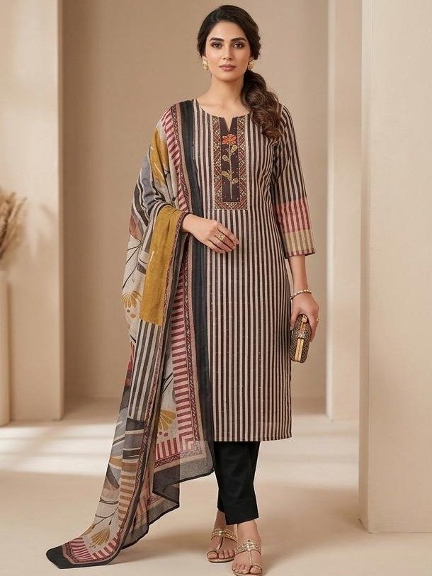 Beige and Charcoal Striped Cotton Kurta Set