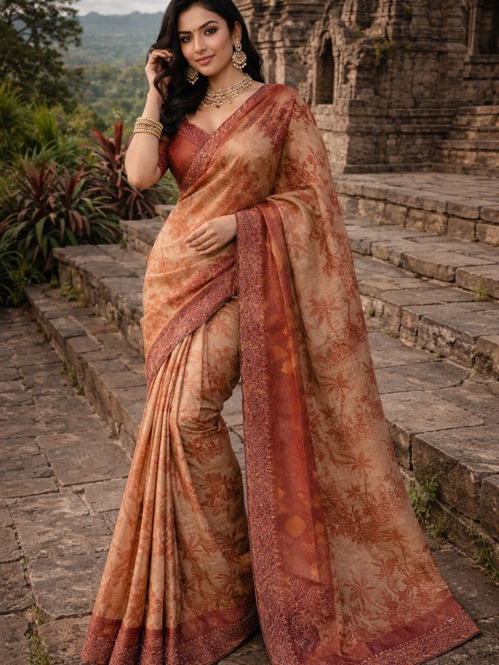 Brown Floral Printed Organza Saree
