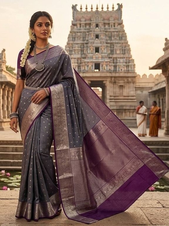 silver-grey wine-purple pallu and border SAREE