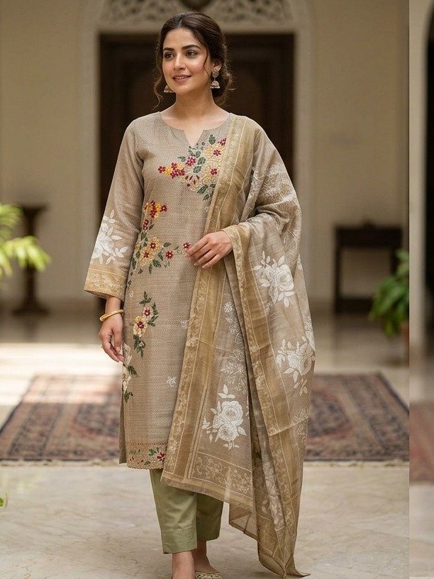 Taupe Floral Embroidered Silk Kurta Set
