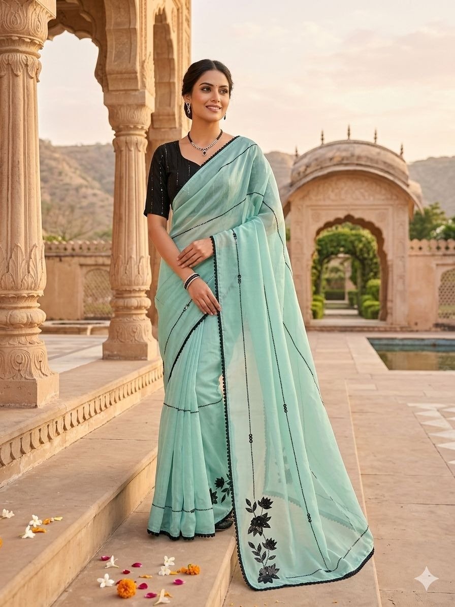 sea green saree WITH STICHED BLOUSE  