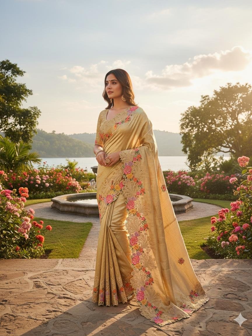 Beige Shaded Viscose Silk Embroidered Saree